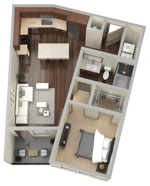 Floor plan for 1 bed, 1 bath, 603 sqft